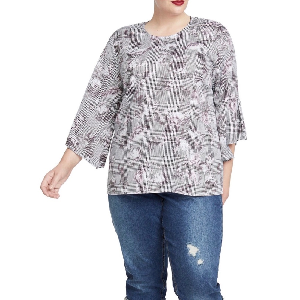 RACHEL Rachel Roy 3/4 Bell Sleeve Floral Plaid Top